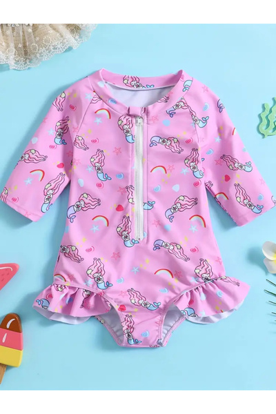 MODEL Pembe uzun kollu fermuarlı kız bebek mayo tulum, sevimli denizkızı dese...