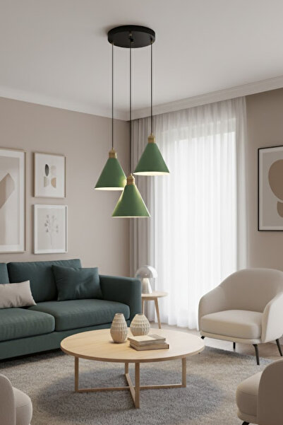 Luzarana Kuki 3 Lü Metal Govde Yeşil Renkli Avize Sarkıt Salon Mutfak Ofis Ca...