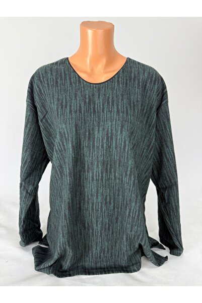 YAŞAR TRİKO Women's Green Black Stripe Patterned U-Neck Long Sleeve Side Slit Wool Mother Combed Cotton T-Shirt