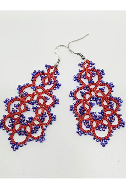 Ileanabiju Red and blue frilled lace earrings, earrings made with bobbins