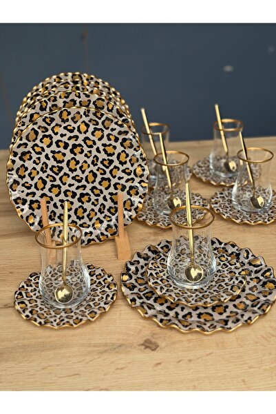Hediye Köşkü 6 Kişilik 24 parça Leopar Desenli Pasta Tabaklı Çay Seti