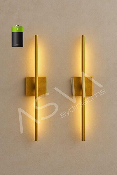 asva aydınlatma 2 Li 70 cm Ortadan Kare Taslı Pilli Aplik Günışığı Led Gold Kasa Pil Dahil, Dekoratif Duvar Lambası