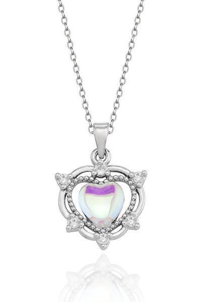 Cosmia Shine Stainless Steel Heart Pendant White Zircon Stone Aurora Glass Wo...