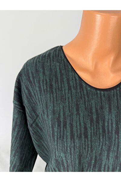 YAŞAR TRİKO Women's Green Black Stripe Patterned U-Neck Long Sleeve Side Slit Wool Mother Combed Cotton T-Shirt