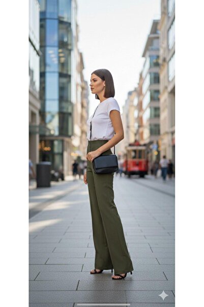 AXXAN Women's Palazzo Pants Length, piped Waist Elasticated Wide Leg Stretchy Trousers 110 cm