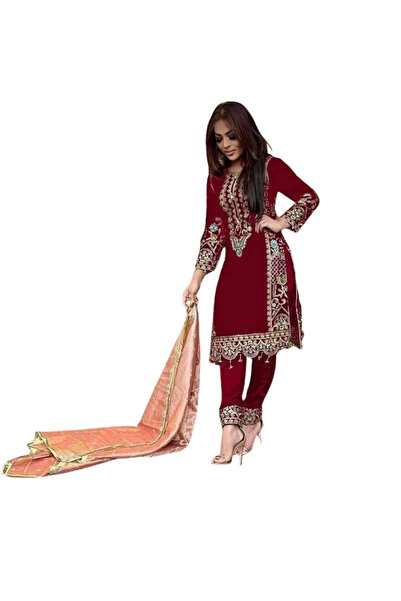 MYSMAR Red Viscose Velvet Kameez Salwar & Dupatta - HRT5520 | Blue