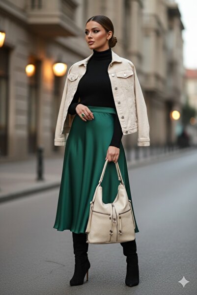 H&D COLLECTİON *Soft Faux Leather Cream Suitable for Hand Shoulder and Back Use Women's Bag 34*39 cm