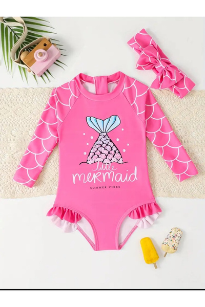 MODA Pembe uzun kollu denizkızı baskılı kız bebek mayo tulum, fırfır detaylı ...