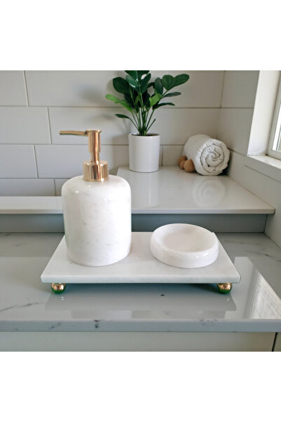 ecay mermer ürünleri Doğal Mermer Banyo ve Lavabo Seti 3lü Gold Aksesuarlı