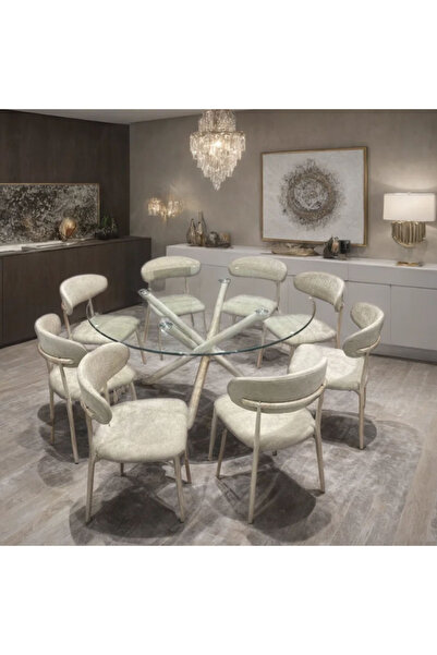 Tasamem Dafia Round glass top dining table set with 8 chairs