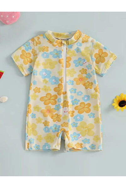 MODA Sarı mavi çiçek desenli kısa kollu fermuarlı kız bebek mayo tulum, rahat...