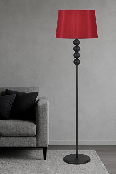 Taşcan Aydınlatma Lyon Siyah Toplu Metal Ayaklı Lambader Bordo Şapka Modern , Oturma Odası ,Yatak Odası ,Salon