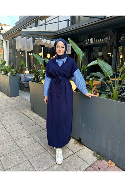 Miraydın Butik Poplin Detailed Knitwear Dress - Navy Blue