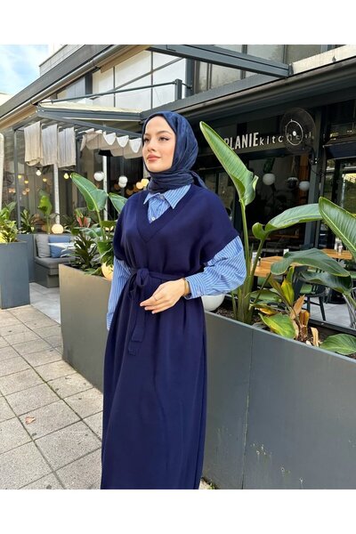 Miraydın Butik Poplin Detailed Knitwear Dress - Navy Blue