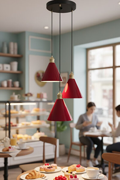 Luzarana Kuki 3 Lü Metal Govde Bordo Renkli Avize Sarkıt Salon Mutfak Ofis Ca...