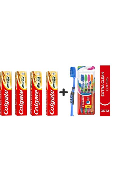 Colgate Diş Macunu Misvak 75 ml 4 Adet + Extra Clean Colors Diş Fırçası 3+1
