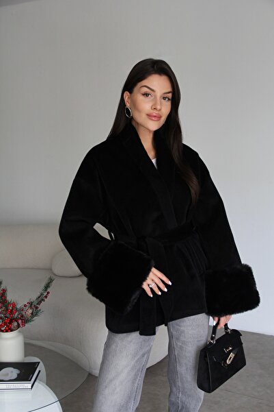 Julidress Black Belted Premium Cashmere Coat with Detachable Sleeves and Fur Detail