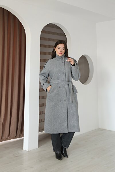 Leo Ferre Gray Herringbone Women's Mock Neck Trendy Cashmere Coat with Epaulettes.1194