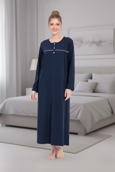 Lohusa Homewear قميص نوم نسائي طويل الأكمام بياقة دائرية باللون الأزرق الداكن...