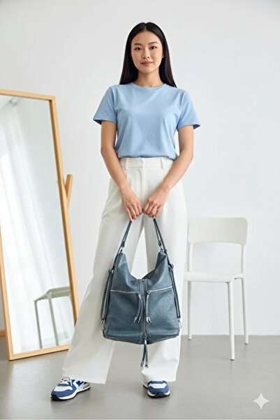 H&D COLLECTİON *Soft Faux Leather Blue Women's Bag Suitable for Hand Shoulder and Back Use 34*39 cm