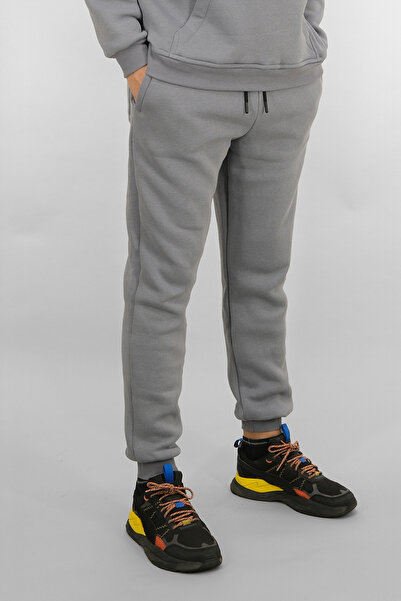 Souris Men's Gray Sweatpants Relaxed Fit 3 Thread Fleece-Lined Drawstring Ribbed Waist