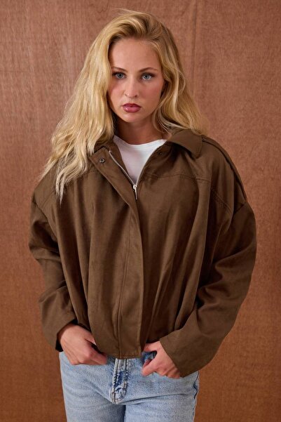 CELITA Women's Suede Zippered and Snap Fastener Lined Jacket