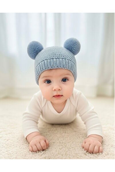 Butik Bebek Mavisi 0-3 Yaş Çift Ponponlu Kışlık Triko Bebek Bere – Ultra Yumu...