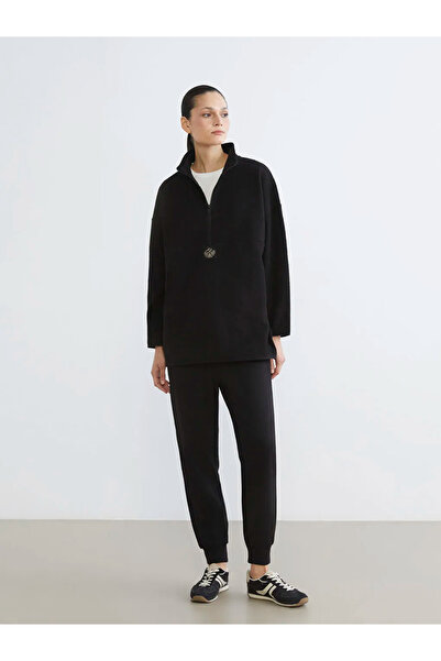 LC Waikiki LCW Modest Siyah Dik Yaka Nakışlı Polar Kadın Sweatshirt Tunik