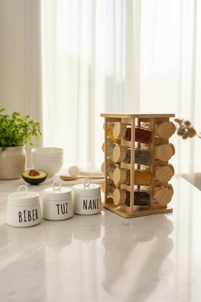 Sade Hediye 3-Piece Porcelain Spice Rack and 16 Small Spice Jars with Bamboo Stand