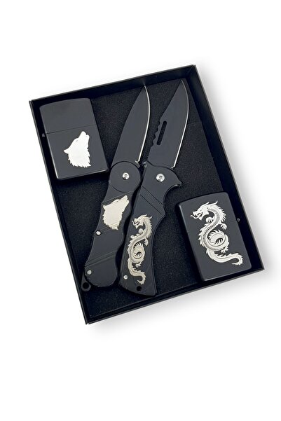 SürLaz 4 Parça Ejder Ve Akrep Desenli Çakı Ve Çakmak Seti Doğum Günü Hediyesi...