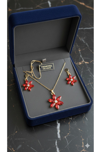 C&On Design Kamelya Çiçeği Tasarımı Kırmızı Kristal Altın Renk Paslanmaz Çeli...