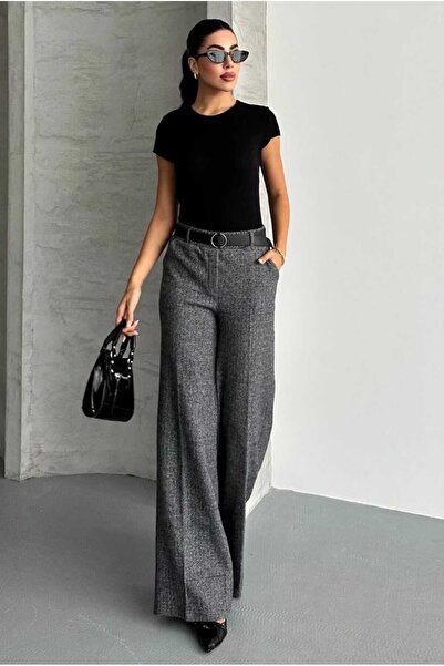 aytenli High-Waisted Elastic Waistband, Detailed Waistband, Pockets, Herringbone Pattern, Wide-Leg Woolen Pants