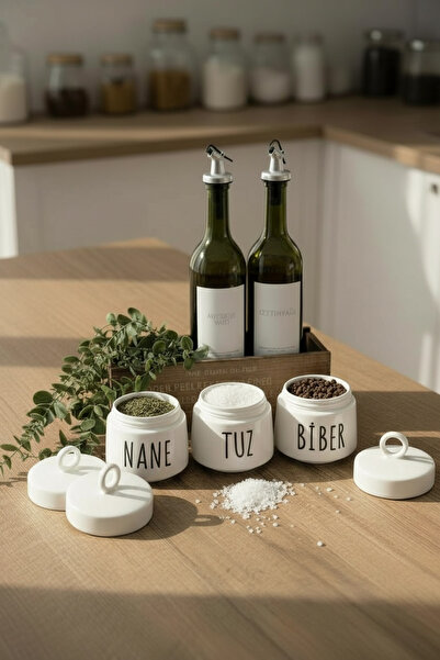 Sade Hediye 3-Piece Porcelain Spice Rack Wooden Box Eucalyptus Artificial Flower and 2 Oil Bottles