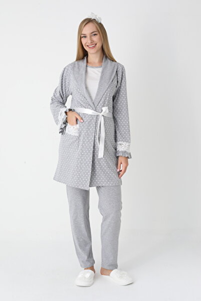 ERDENİZ TEKSTİL Luxury Maternity Pajama Set 3-Piece - Polka Dot Robe, Lace De...