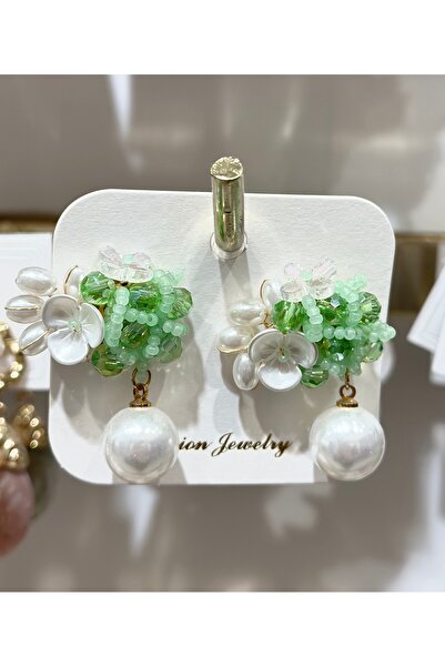 FASHİON JEWELRY أقراط خضراء مرصعة باللؤلؤ وحجر الزركون