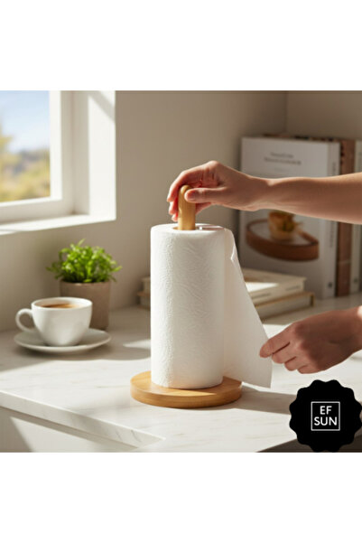 Efsun Bamboo Paper Towel Holder – Non-Slip Base – Stylish and Natural Design – Roll Paper Towel Holder