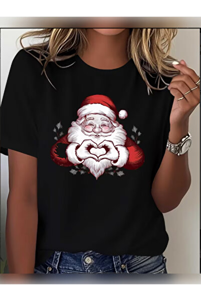 TİMİSİVA Unisex Oversize NOELBABA5 Baskılı Bisiklet Yaka Kısa Kollu SİYAH T-s...