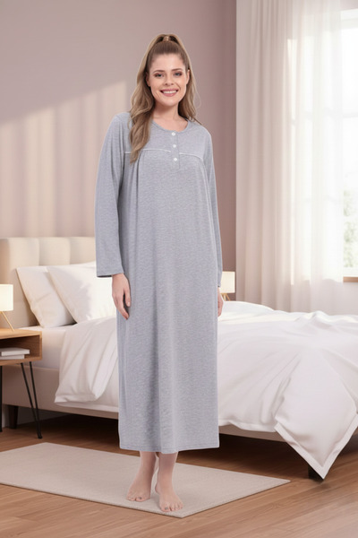 Lohusa Homewear قميص نوم نسائي رمادي اللون برقبة دائرية وأكمام طويلة بطول كام...