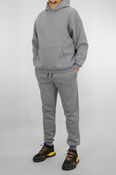 Souris Men's Comfortable Fit 3 Thread Thick Winter K Hooded Tracksuit Set Gray