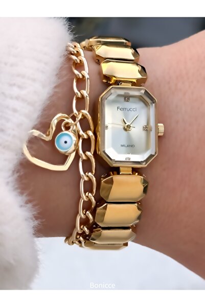 Ferrucci Kadın Saat, Sarı Çelik Kordon, Köşeli Küçük Kasa, Vintage Model, Şık...