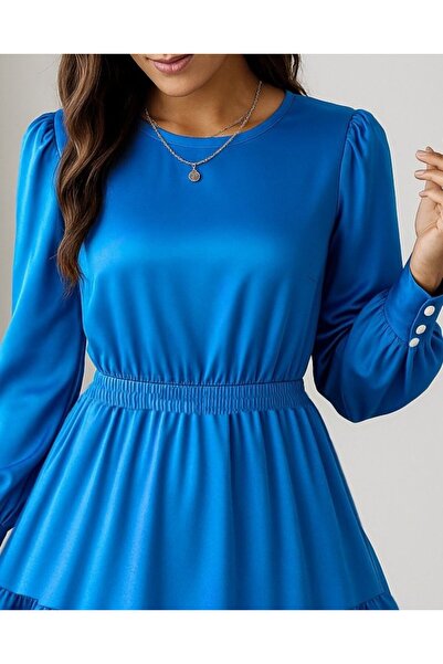 ALPACO Women's Long Sleeve Crew Neck Ruffled Imported Crepe Dress with Elastic Waist