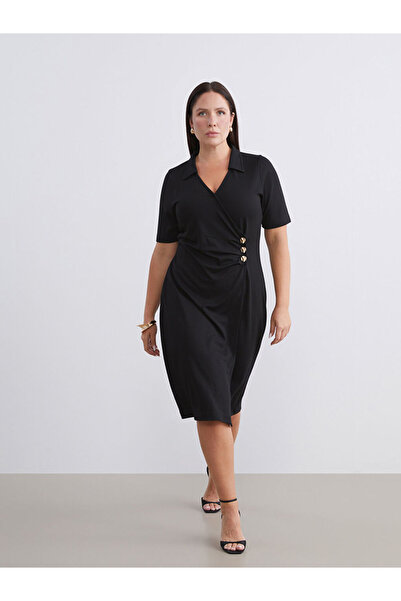 LC Waikiki Μαύρο φόρεμα με κορδόνια στο λαιμό, μέγεθος διπλό πέτο