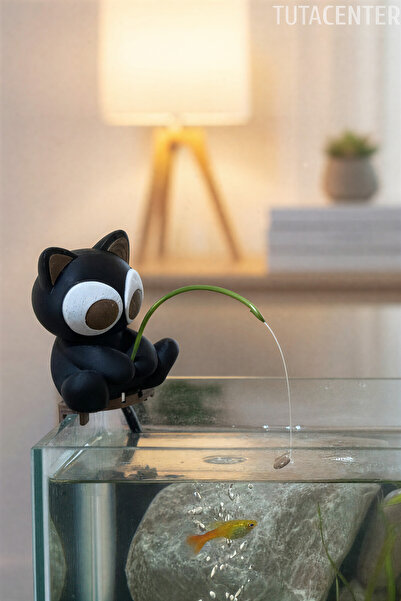 Balık Tutan Sevimli Kedi - Akvaryum Dekoratif Aksesuar - Akvaryum Dekoru