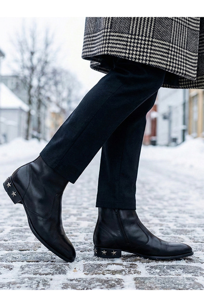 Selim Kundura Siyah/Taba %100 Deri Fermuarlı Tokalı Ökçe Detaylı Bot