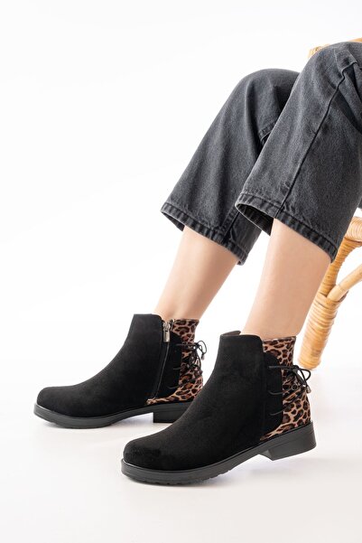 Zerenyus Zri̇n165-209 Premium Black Leopard Back Lace-Up Zippered Casual Women's Boots