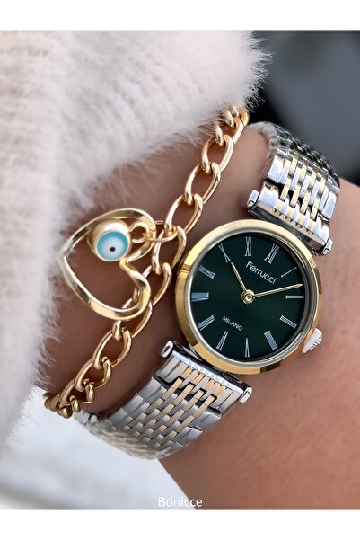 Ferrucci Women's Watch, Green-Yellow Steel Band, Mini Case, Roman Numerals, in Stylish Gift Box with Bracelet Gift