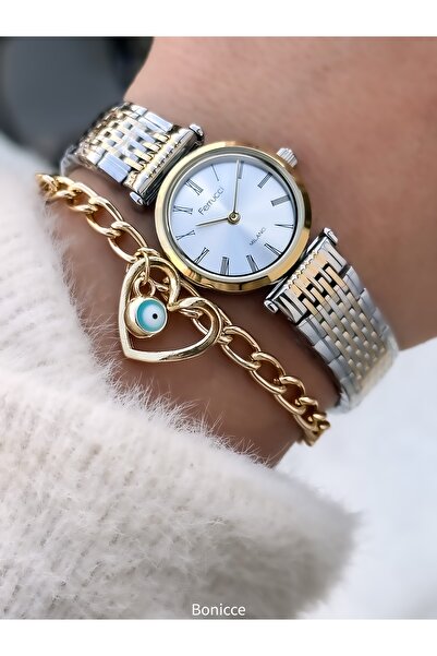 Ferrucci Women's Watch, Silver Yellow Steel Band, Mini Case, Roman Numerals, Comes in a Stylish Gift Box with Bracelet Gift