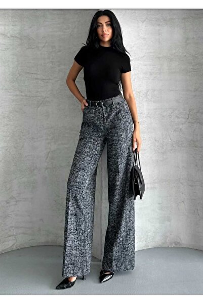 aytenli High-Waisted, Elasticated Waistband, Detailed Waist Belt, Pockets, Crumpled Pattern, Wide-Leg Wool Pants