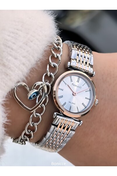 Ferrucci Women's Watch, Rose Silver Steel Band, Mini Case, Roman Numerals, in Stylish Gift Box with Bracelet Gift