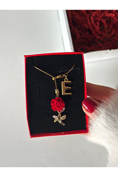 Alis Accessory Harfli kırmızı kadife gül kolye